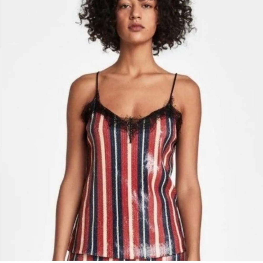 Zara striped sequined lace trim V-neck spaghetti straps cami tank top size S